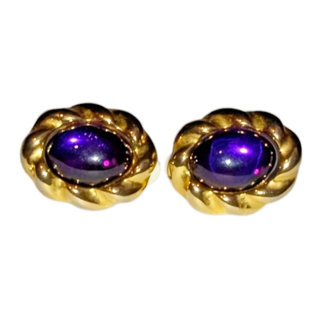 PARK LANE Signed Vintage Purple Cabochon Clip on Earrings Gold Tone Magnetic